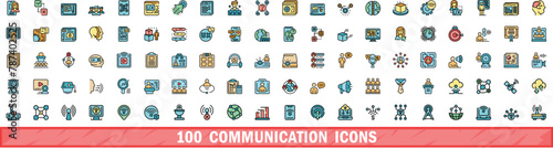 100 communication icons set. Color line set of communication vector icons thin line color flat on white