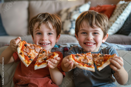 Two Young Boys Eating Pizza on Couch