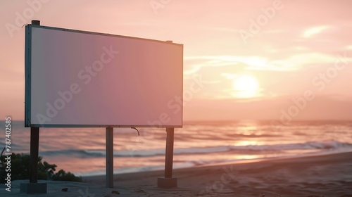Blank billboard mock up next to the beach at sunset : Generative AI
