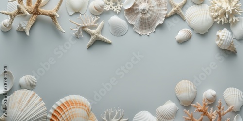 A collection of various seashells and starfish artfully arranged on a pristine white background
