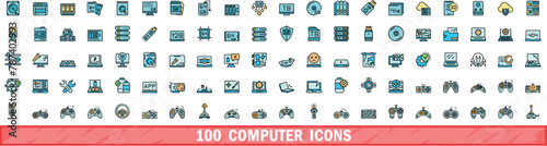 100 computer icons set. Color line set of computer vector icons thin line color flat on white