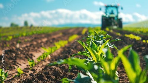 Tractor cultivating fertile farmland with young corn plants under sunny sky.