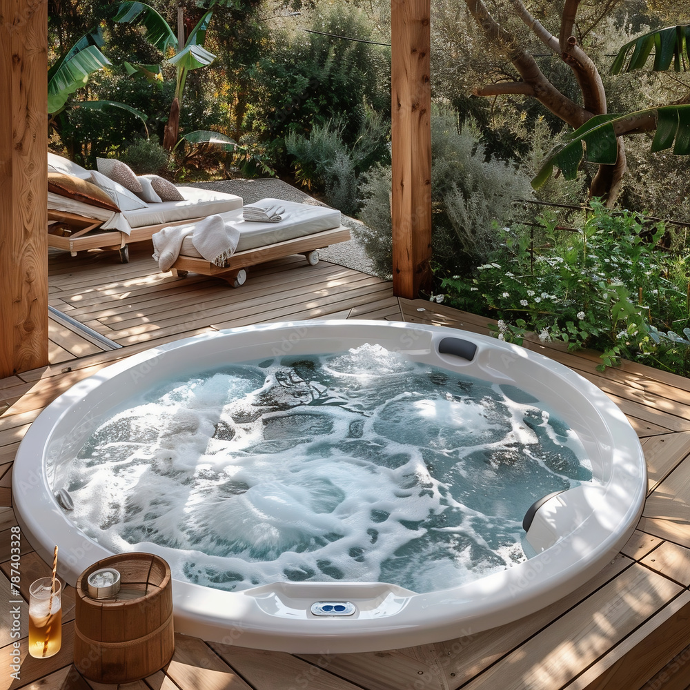 Hot tub in a wooden terrace on a sunny day