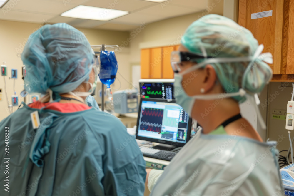A surgical team focused on a procedure, with patient monitoring equipment in the background A surgical team focused on a procedure, with patient monitoring equipment in the background
