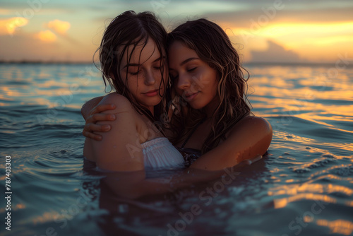 Two Women Embracing in Ocean © Dzmitry