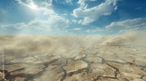 A cracked and weathered desert landscape, with dust devils swirling in the distance, symbolizing a constant struggle against aridity.  photo