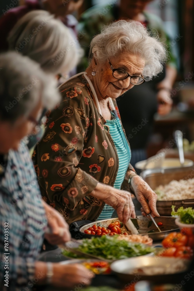 Group of Older Women Standing Around Table Filled With Food Group of Older Women Standing Around Table Filled With Food
