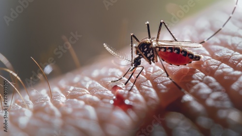 A close-up photo of a mosquito perched on human skin, with its proboscis extended ready to bite, and a droplet of blood visible.