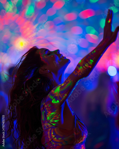 A woman with fluorescent bodypainting seen from back in a music event, dancing in neon color lights