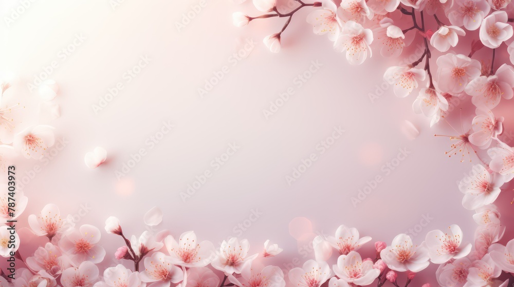 Blossoming branch of sakura on a pink background with copy space