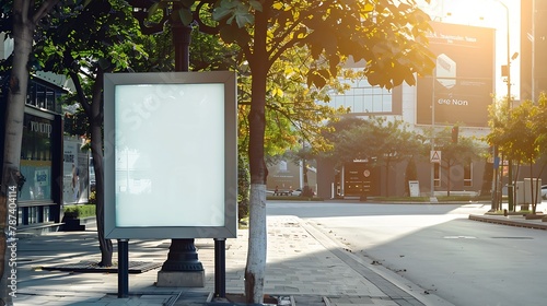 blank white poster and advertiser ad space digital outdoor display lightbox and billboard street corner mockup base empty display panel glass design soft streetscape shopping street ba : Generative AI