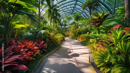 Tropical Plant Conservatory with Vibrant Flora and Pathway