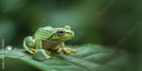 A vibrant green tree frog is captured in sharp detail as it rests on a glistening dew-covered leaf