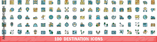 100 destination icons set. Color line set of destination vector icons thin line color flat on white photo