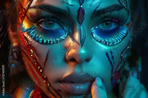 Portrait of woman with ethnic pattern neon makeup in ultraviolet light body art design of female,portrait of a woman with painted face