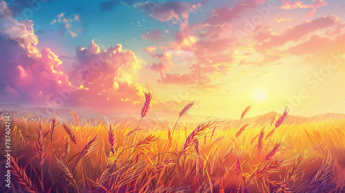 background with wheat field at sunrise