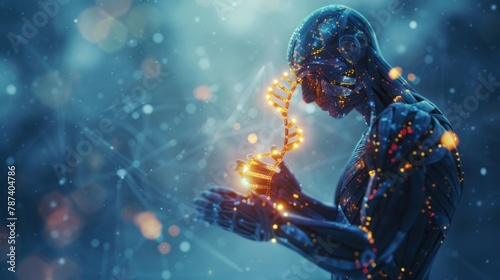 A digital sculpture of a human figure cradling a glowing DNA strand, symbolizing the link between technology and humanity. #787404786