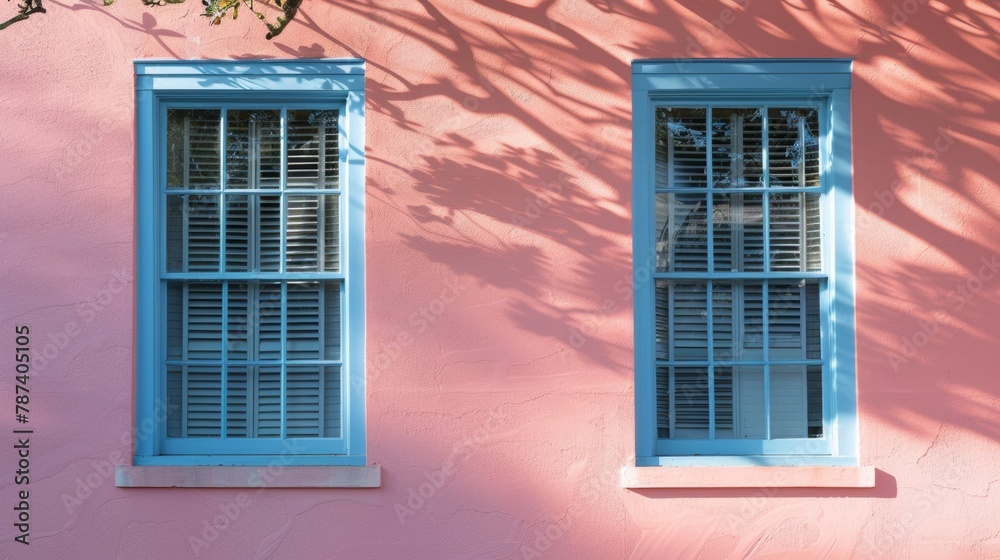 Tranquil Afternoon Shadows on a Pastel-Colored Wall with Blue Window Shutters