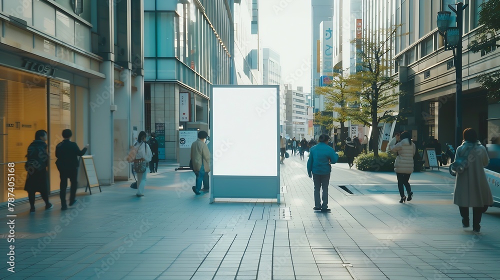 Blank white Mock up Banner Signboard stand Media outdoor with people walking City street Building : Generative AI