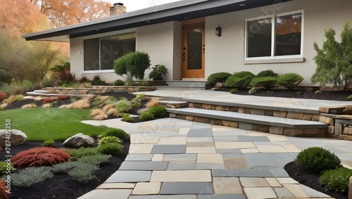 This mid-century modern landscape receives a lovely, new landscaping upgrade with tumbling paver landing, natural stone steps, and flagstone applied to the original concrete veranda.