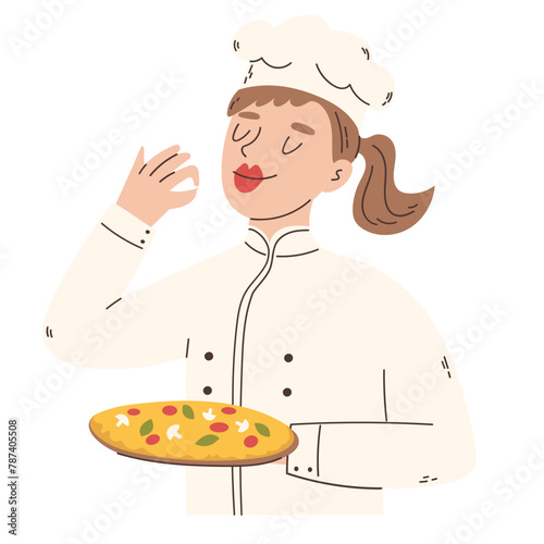 Cook Woman in uniform holding pizza