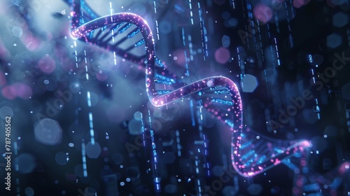 A glowing double helix DNA strand floating in a digital space, with binary code cascading down like rain.