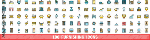 100 furnishing icons set. Color line set of furnishing vector icons thin line color flat on white