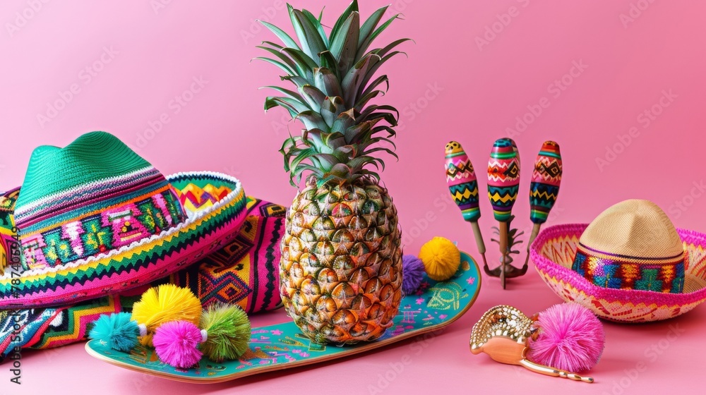 Vibrant Cinco de Mayo Celebration Concept with Pineapple on a Skateboard and Traditional Mexican Decor