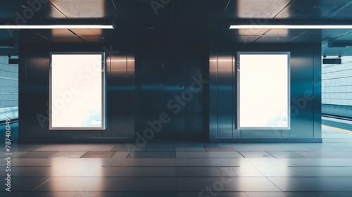 Two indoor outdoor city light mall shop template Blank billboard mock up in a subway station underground interior Urban light box inside advertisement metro airport vertical : Generative AI
