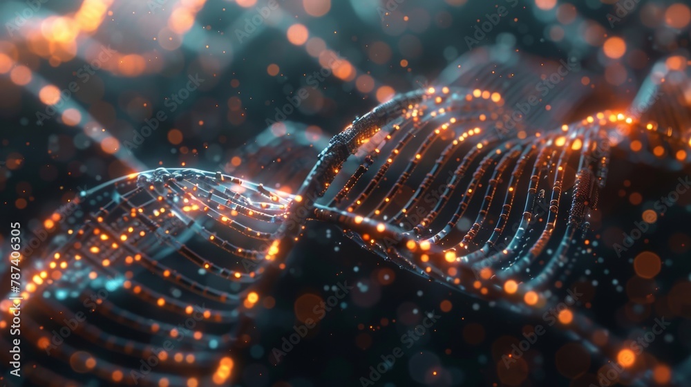 A microscopic image of DNA transformed into a digital circuit board, with glowing pathways representing the genetic code. A microscopic image of DNA transformed into a digital circuit board, with glowing pathways representing the genetic code.