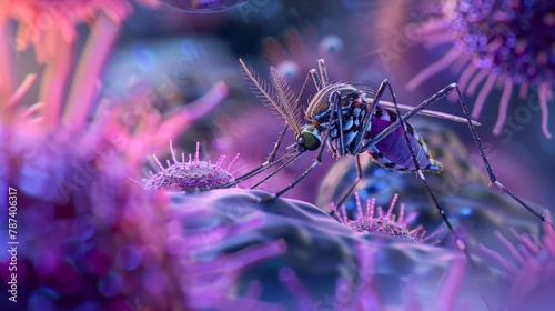 A microscopic view of a mosquito's body, highlighting the malaria parasite within its cells. 