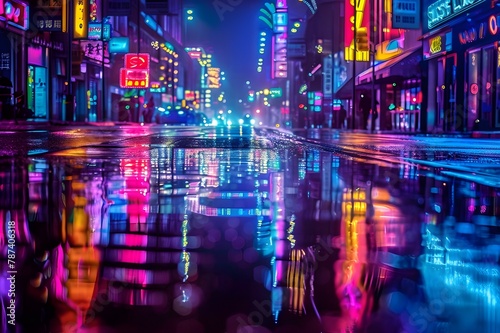 This abstract 3D depiction highlights the idea of nightlife and busy business areas with a cyberpunk vibe. It has neon megacities and light reflections from puddles on the street. photo