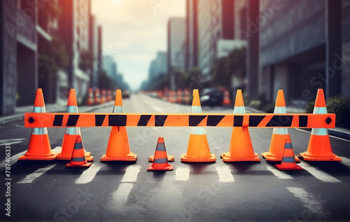 Road signs on barriers with traffic cones indicate the reconstruction or rebuilding process photo