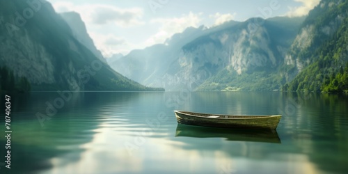 A tranquil scene of a wooden boat floating on a calm lake with majestic mountains in the background, evoking a sense of peaceful solitude photo