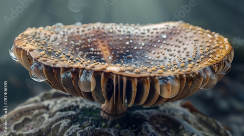 A mushroom cap, with the tiny dewdrops clinging to the surface and the intricate gills underneath.