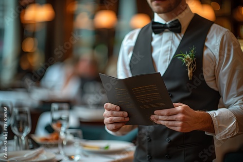 Elegant waiter reads from a black menu