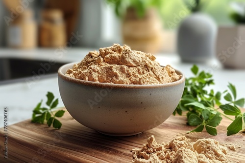 Bowl of maca powder on a cutting board, with green herbs and a modern kitchen backdrop photo