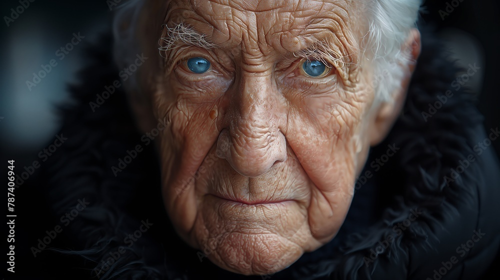Close up of an elderly mans wrinkled face with blue eyes