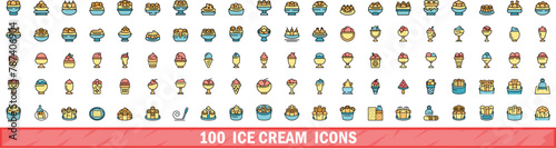 100 ice cream icons set. Color line set of ice cream vector icons thin line color flat on white