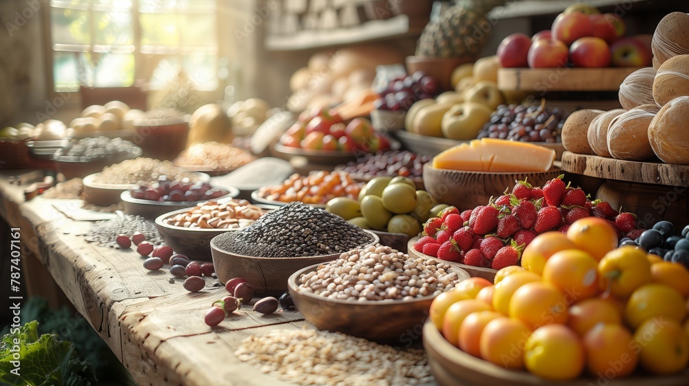 Various fruits and vegetables displayed on the table as natural foods