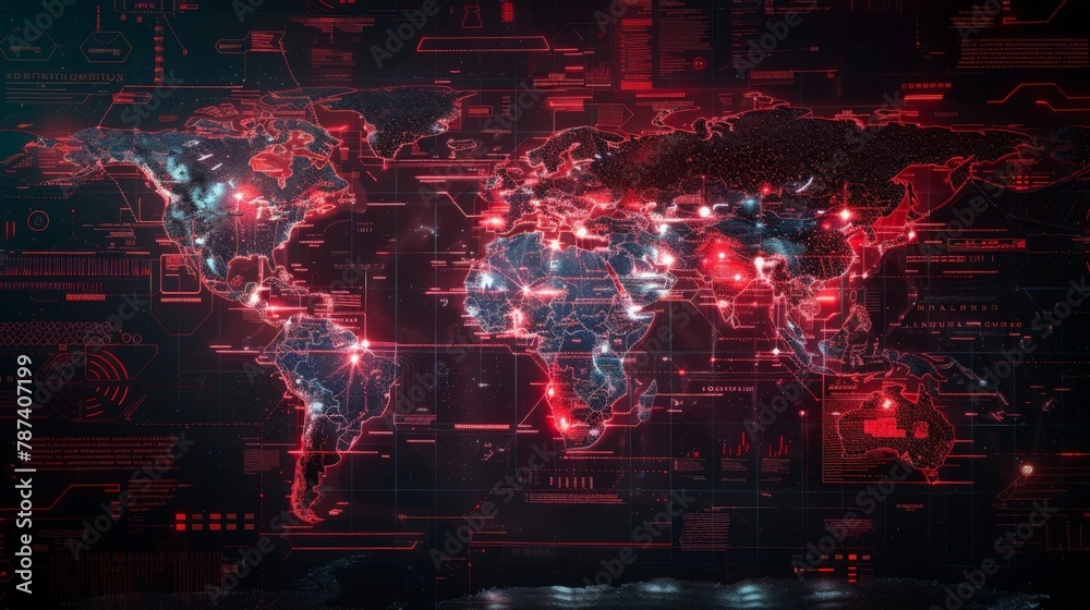 A world map with highlighted locations under cyber attack warnings, depicting the global nature of cyber threats. 