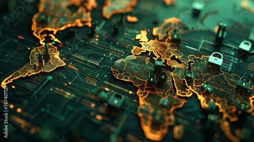 A world map with highlighted locations secured by digital padlocks, depicting the global effort towards data protection.