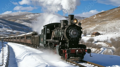 The train emerges from a snowy tunnel, its vibrant red color contrasting beautifully with the serene white landscape.