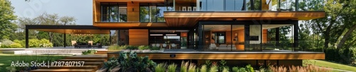 Modern luxury house with wooden elements, large glass windows, and outdoor furniture.