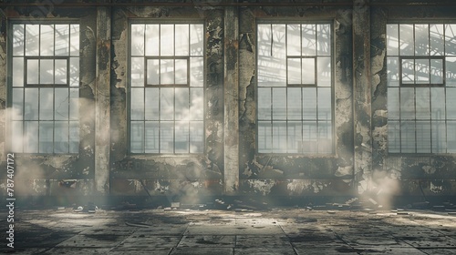 An abandoned factory building, its windows boarded up, dust motes swirling in the air through broken cracks. photo