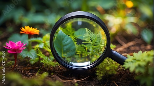 magnifying glass on a vibrant backdrop of real plants