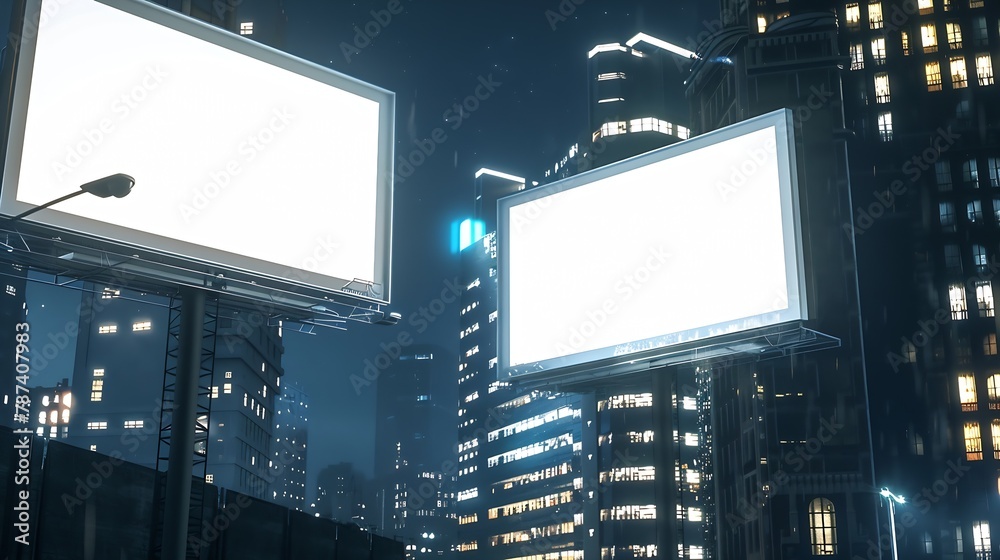 Two big empty billboard on the background of the city at night mock up : Generative AI Two big empty billboard on the background of the city at night mock up : Generative AI