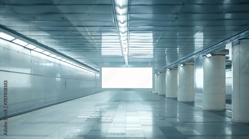 Obraz premium Indoor outdoor city light mall shop template Blank billboard mock up in a subway station underground interior Urban light box inside advertisement metro airport horizonatal : Generative AI