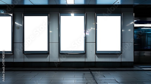 Front view of three empty white billboard screens at the metro station Mock up Blank advertising billboards in the subway : Generative AI
