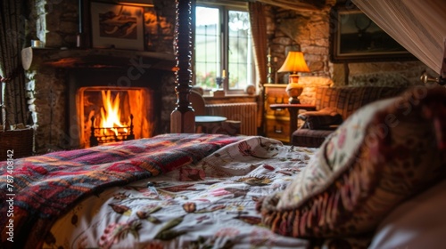 A countryside cottage bedroom with a fourposter bed and a roaring fireplace inviting you to snuggle up under the covers and drift off into a deep uninterrupted sleep. 2d flat cartoon.